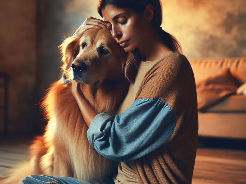 A comforting hug between a pet owner and a dog; warm and soothing color palette, capturing a moment of reassurance and connection